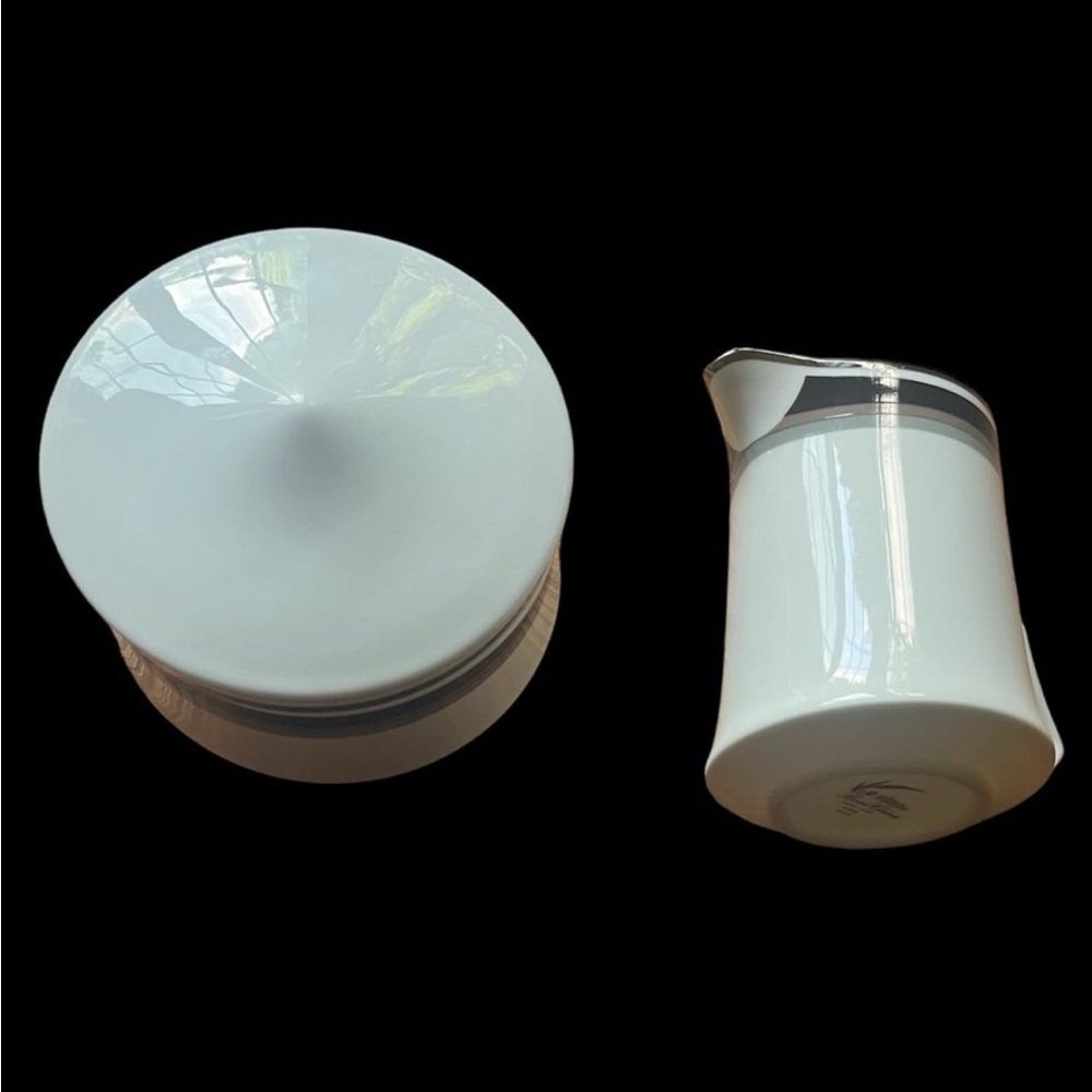 Mikasa bone china  Creamer and Lidded Sugar Bowl with Silver Trim
